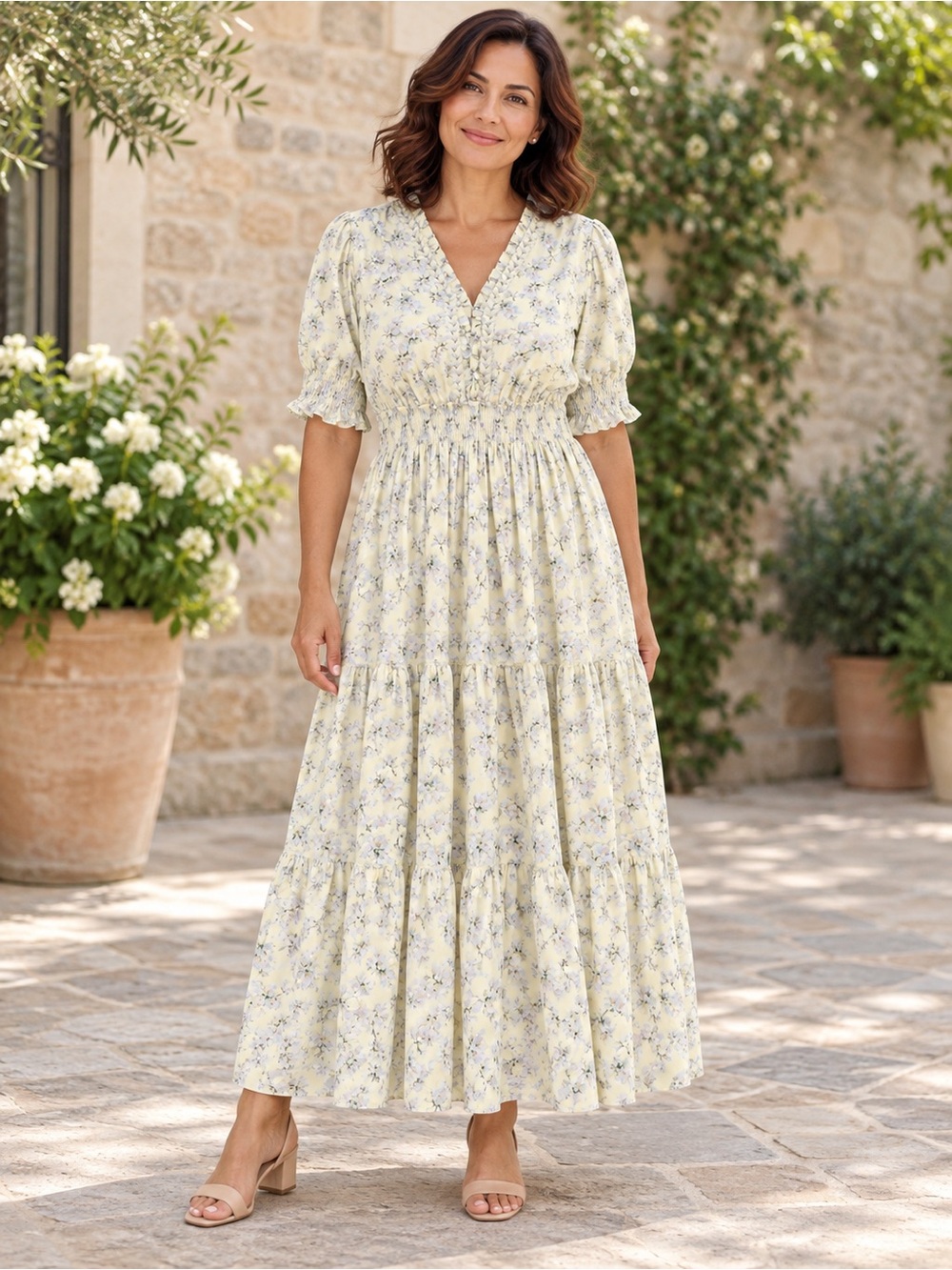 Max Studio Pale Yellow Floral Smocked V-Neck Tiered Maxi Dress